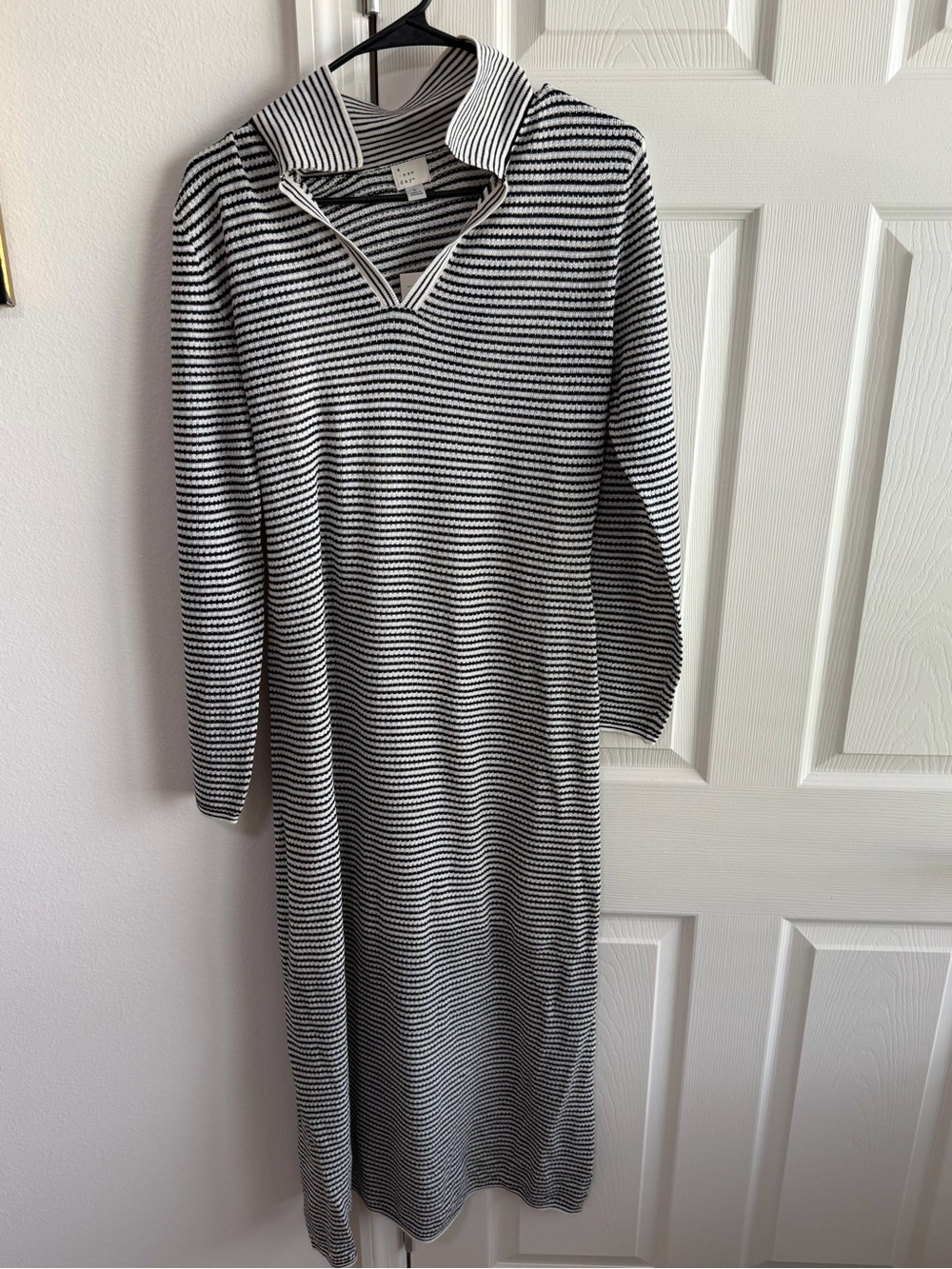 A New Day Black & White Striped Long Sleeve Knit Polo Dress